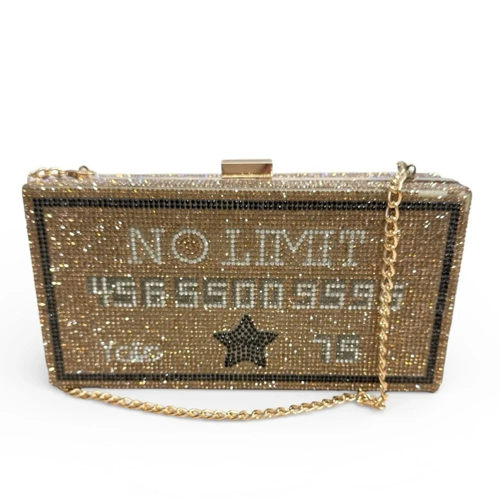 Gold Cash Rhinestone Crystal Clutch Purse No Limit Yolo Box Evening Bag